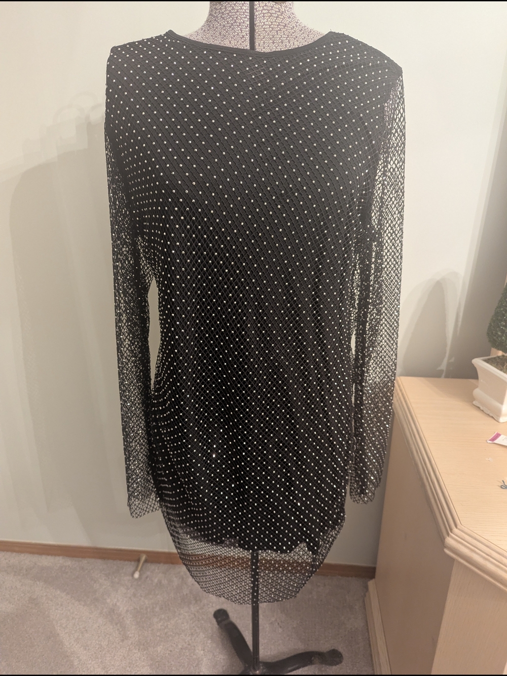 Sincerely Jules Black Sheer Long-Sleeve Dress with Rhinestone Dots